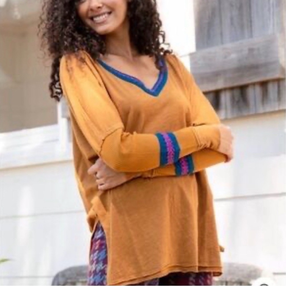 NATURAL LIFE oversized gold Mustard Long Sleeve Top crocheted trim